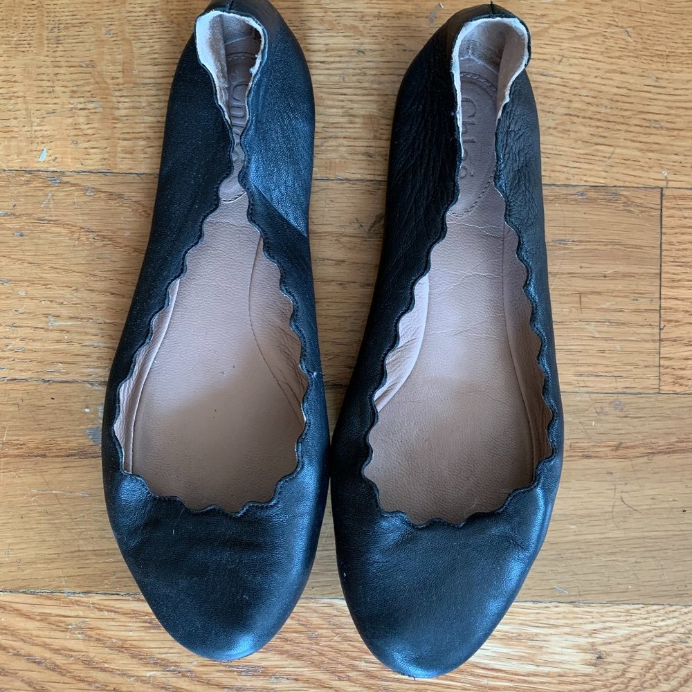 Chloe Black Leather Scalloped Flats, Size 5.5